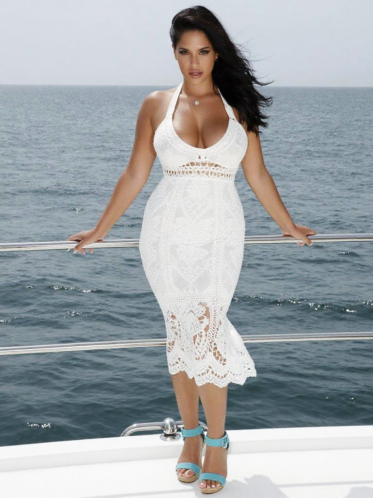 Curvy Woman in Chic White Crochet Lace Halter Midi Dress on Boat