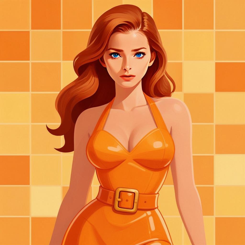 Digital Illustration of Woman in Glossy Orange Dress with Retro Tiled Background