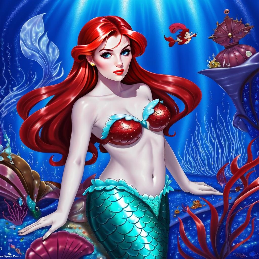 Digital Artwork of Ariel the Mermaid in Disney Anime Style Underwater