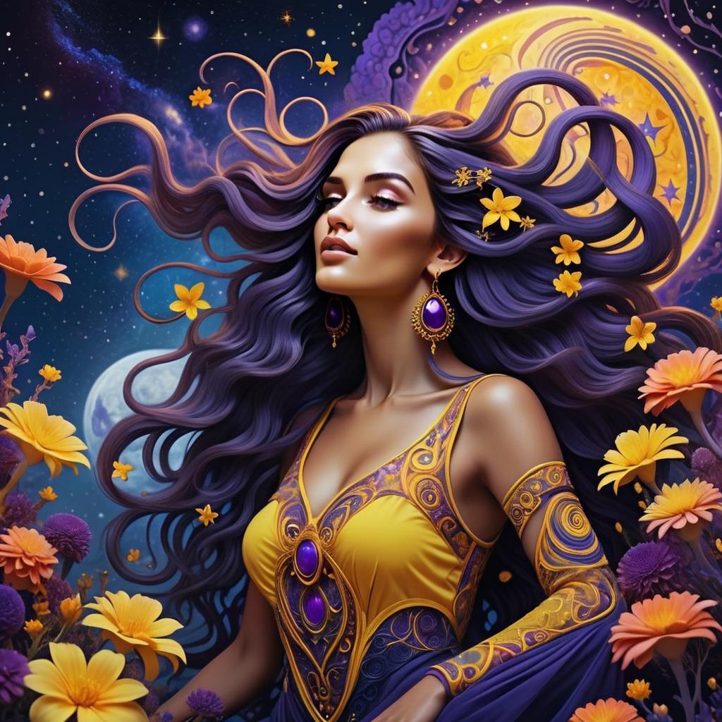 Fantasy Woman with Flowing Purple Hair and Celestial Background
