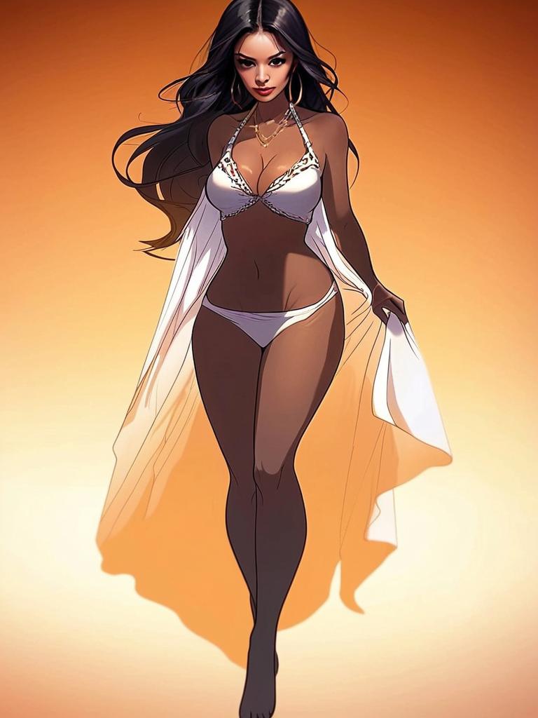 Stylized Digital Illustration of Woman in White Bikini with Sheer Cape