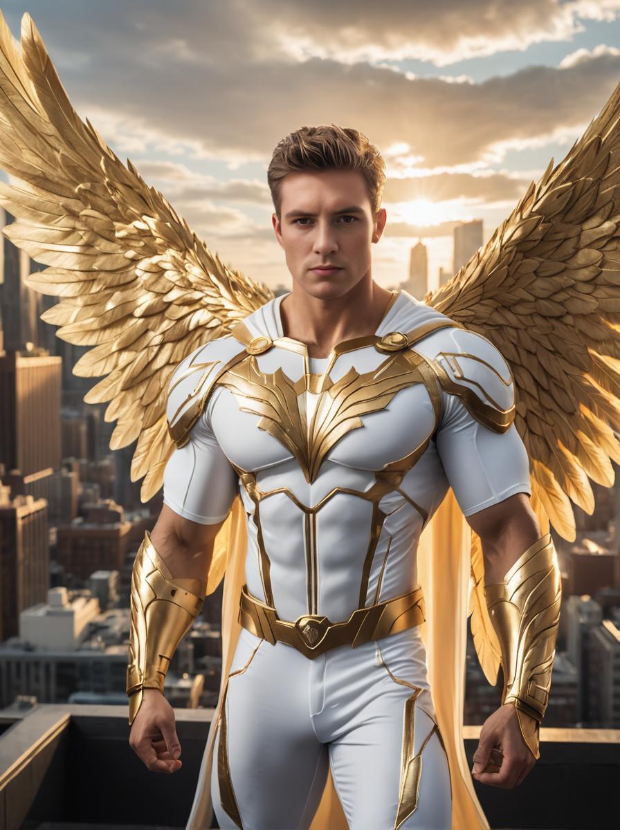 Muscular Superhero with Golden Wings on City Skyline