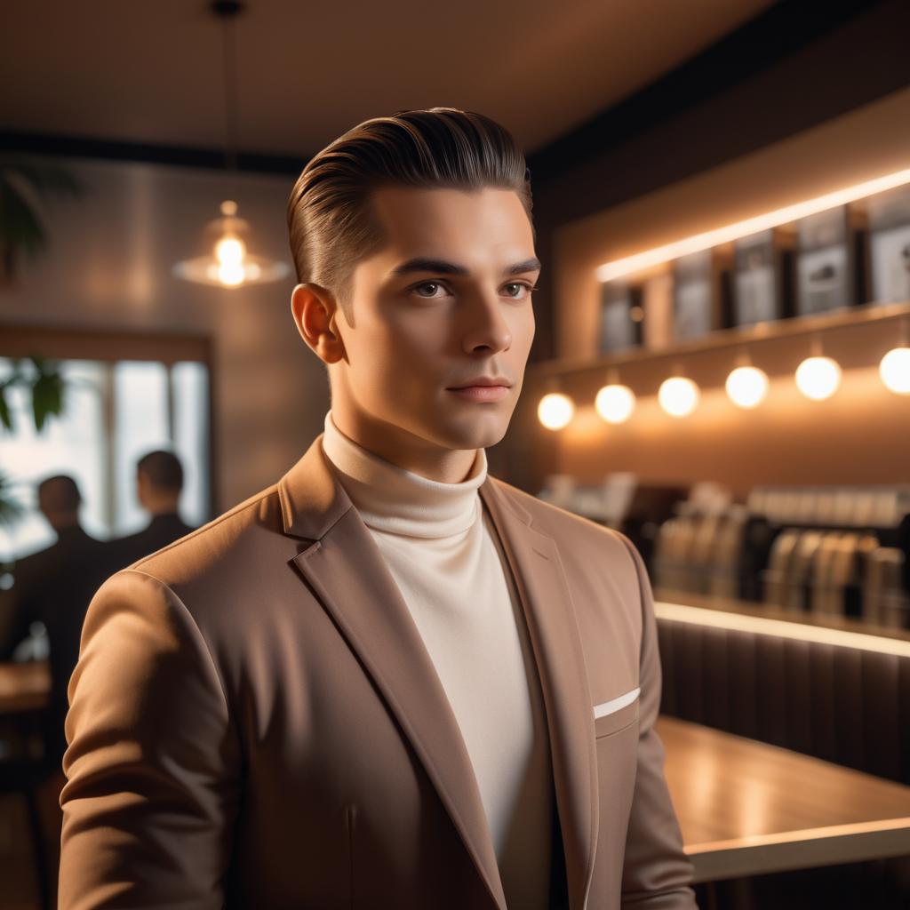 Stylish Young Man in Beige Suit at Chic Café