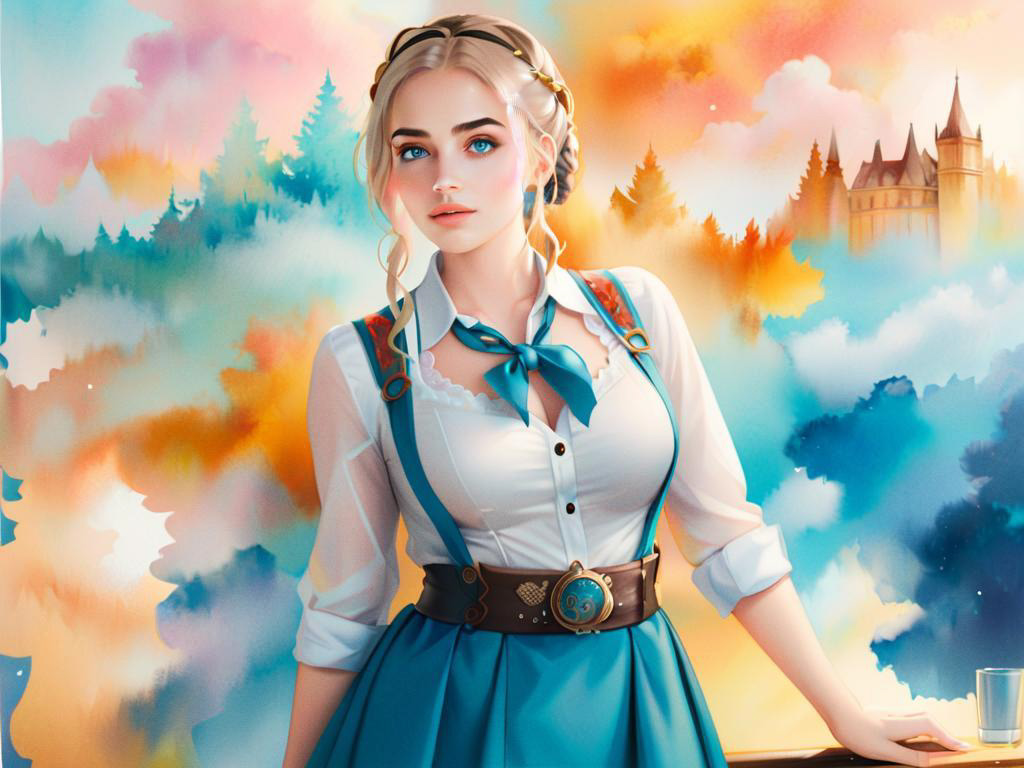 Anime Illustration of Blonde Woman in Blue Suspender Skirt with Fantasy Castle Background