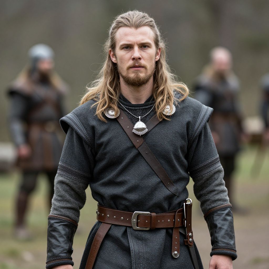 Viking Warrior in Traditional Armor Standing Outdoors