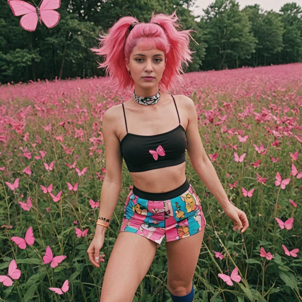 Confident Woman with Pink Hair in Flower Field