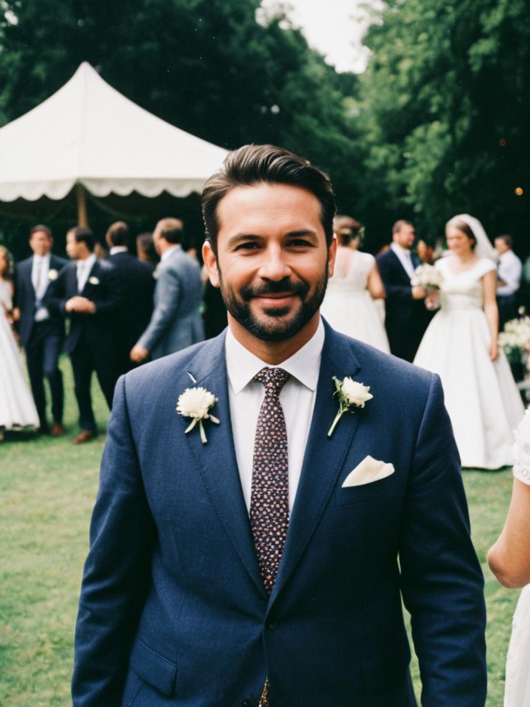 Man in Summer Wedding Outfit Candid Portrait at Outdoor Wedding