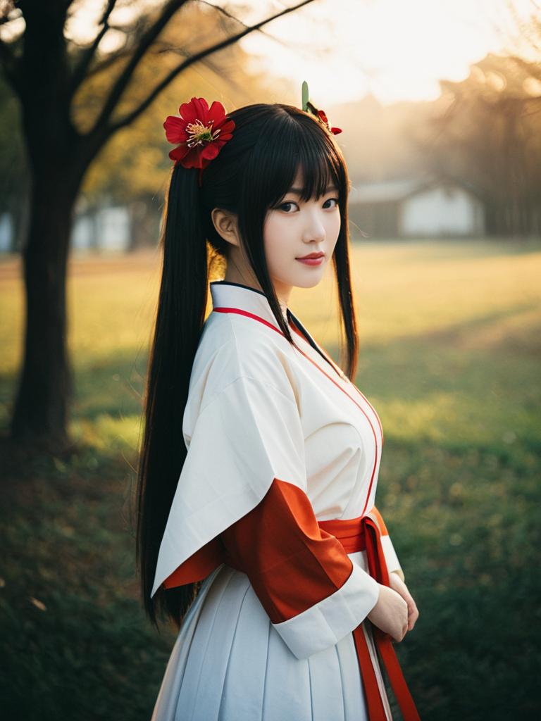 Mitsuri Kanroji Cosplay Woman in Traditional Anime Costume Outdoors