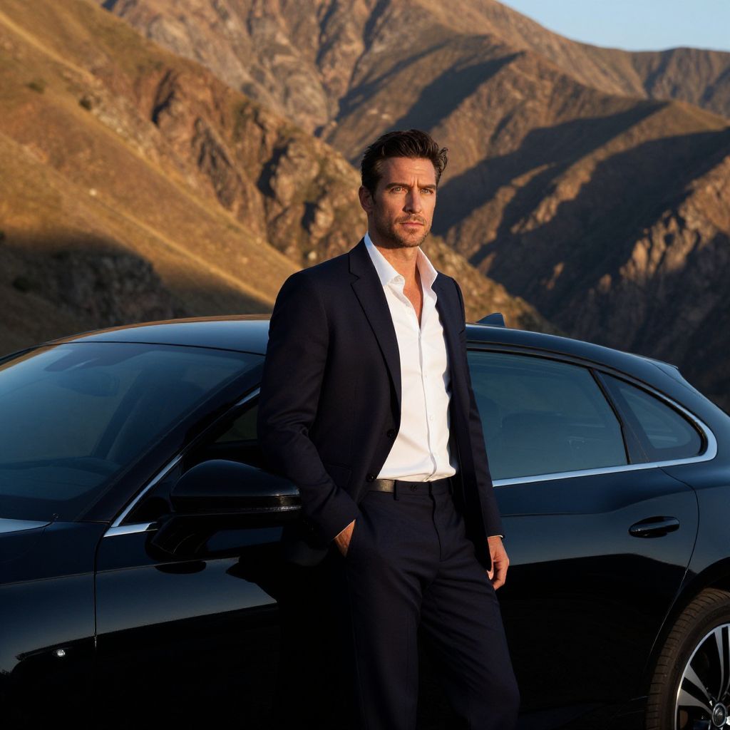 Man in Navy Suit Standing by Luxury Car with Mountain Background