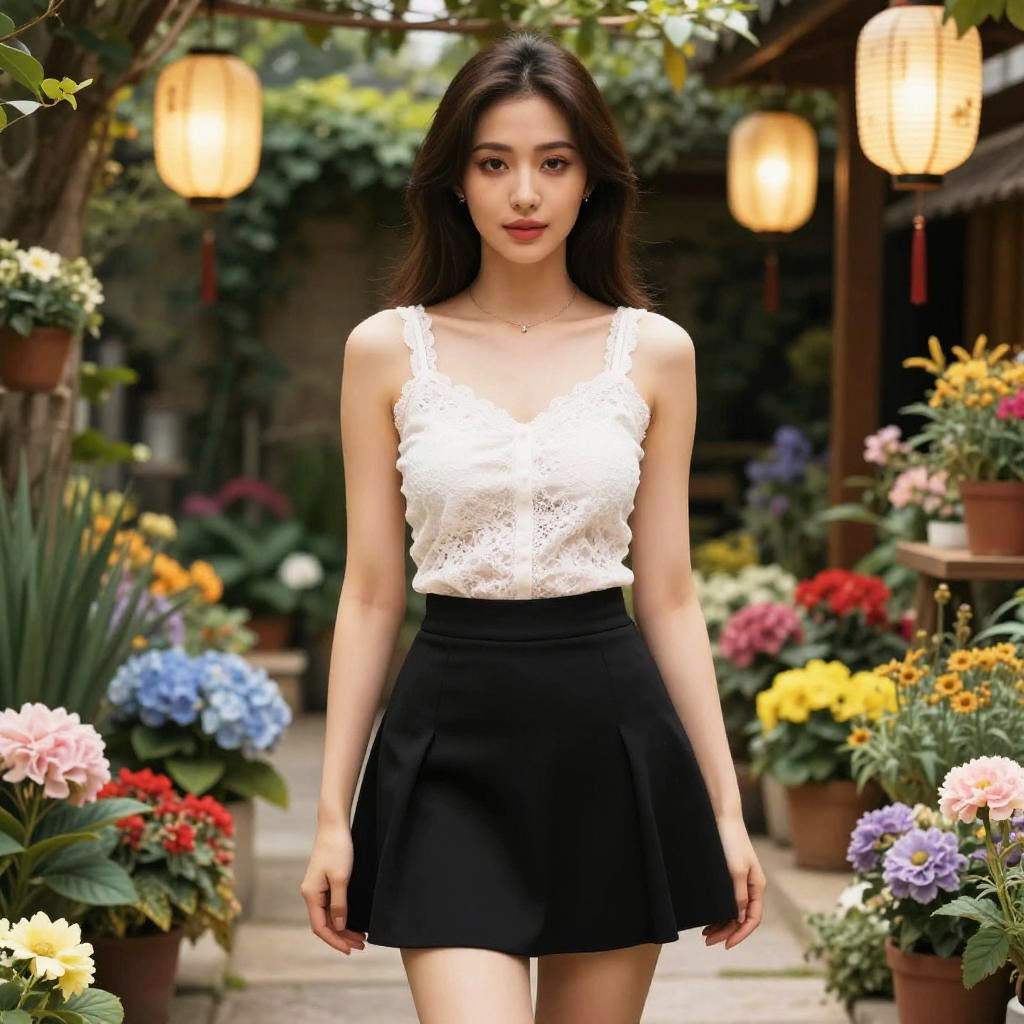 Woman in White Lace Tank Top and Black Skirt in Colorful Garden TokyoPop Style