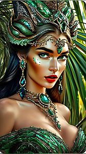 Regal Woman in Emerald Headdress Against Tropical Backdrop
