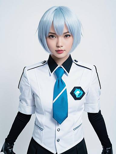 Futuristic Sci-Fi Anime Woman in Blue and White Uniform Cosplay