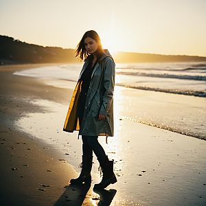 Woman in Raincoat Standing on Beach at Sunset