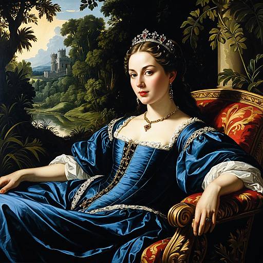 Regal Woman Reclining in Blue Renaissance Gown with Castle Landscape Background