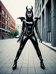 Woman in Black Latex Devil Costume Full Body Urban Cosplay