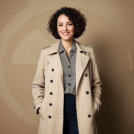 Smiling Woman in Beige Trench Coat with Curly Hair on Geometric Background