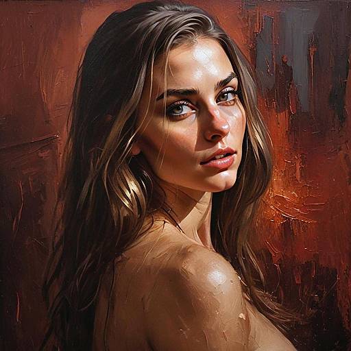 Realistic Oil Painting Portrait of Woman with Long Hair on Textured Background