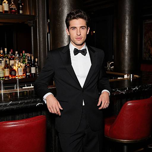 Young Man in Black Tuxedo at Elegant Bar Setting