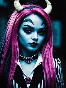Woman in Monster High Costume with Vibrant Pink Hair and Horns Portrait