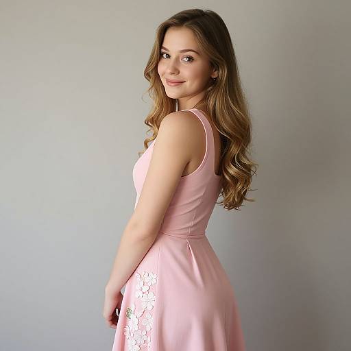 Young Woman in Pink Floral Embroidered Dress Posing Against Neutral Background