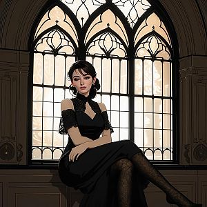 Elegant Woman by Stained Glass Window