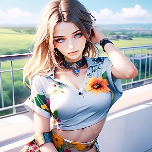 Portrait of a Young Woman with Blue Eyes on Balcony