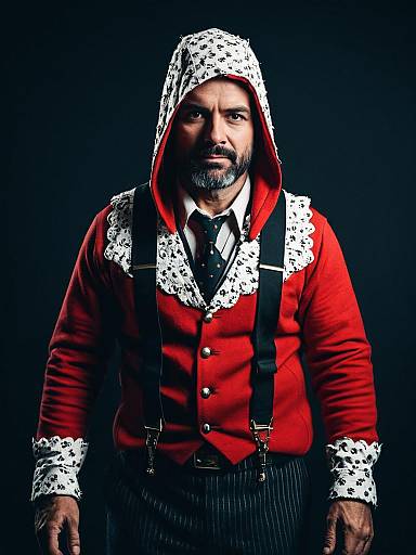 Man in Detailed Themed Red Outfit with Hood and Suspenders Studio Portrait