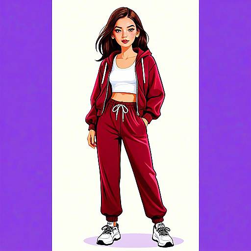Sporty Casual Woman in Red Velvet Tracksuit Digital Illustration