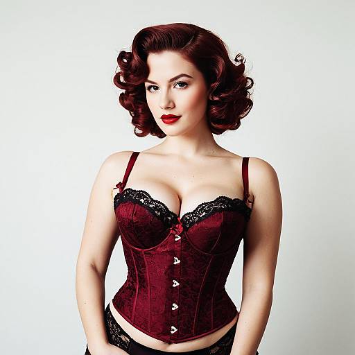 Vintage Style Woman in Burgundy Corset with Classic Pin-Up Hair and Makeup