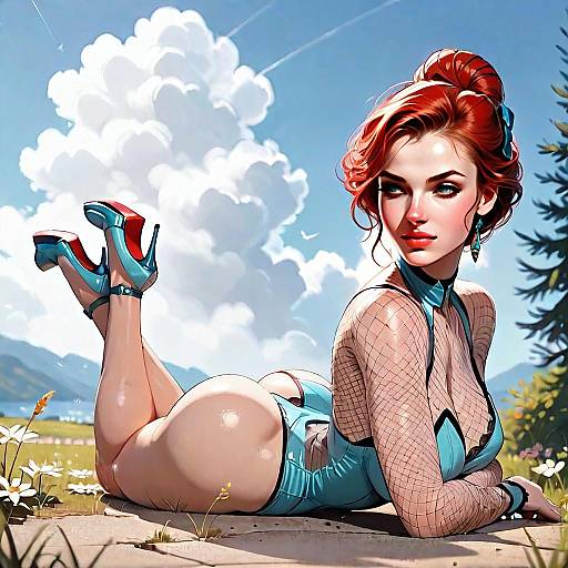 Digital Artwork of Red-Haired Woman in Blue Outfit Outdoors