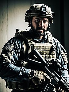 Man in Tactical Military Gear with Rifle