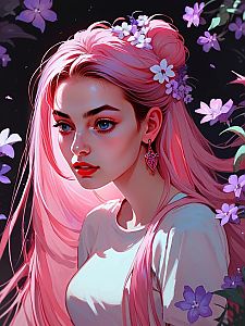 Woman with Long Pink Hair and Flowers