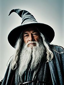 Photorealistic Low Angle Portrait of Man in Gandalf Costume