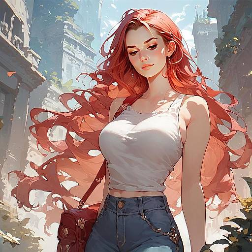 Anime Style Illustration of Confident Red-Haired Woman in Urban Setting