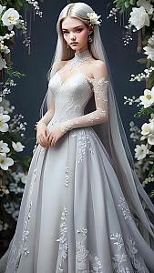 Elegant Woman in White Wedding Dress Among White Flowers