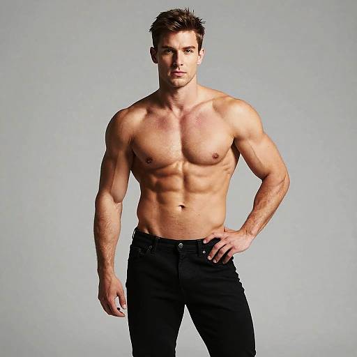 Shirtless Muscular Young Man Posing in Black Jeans Fitness Model