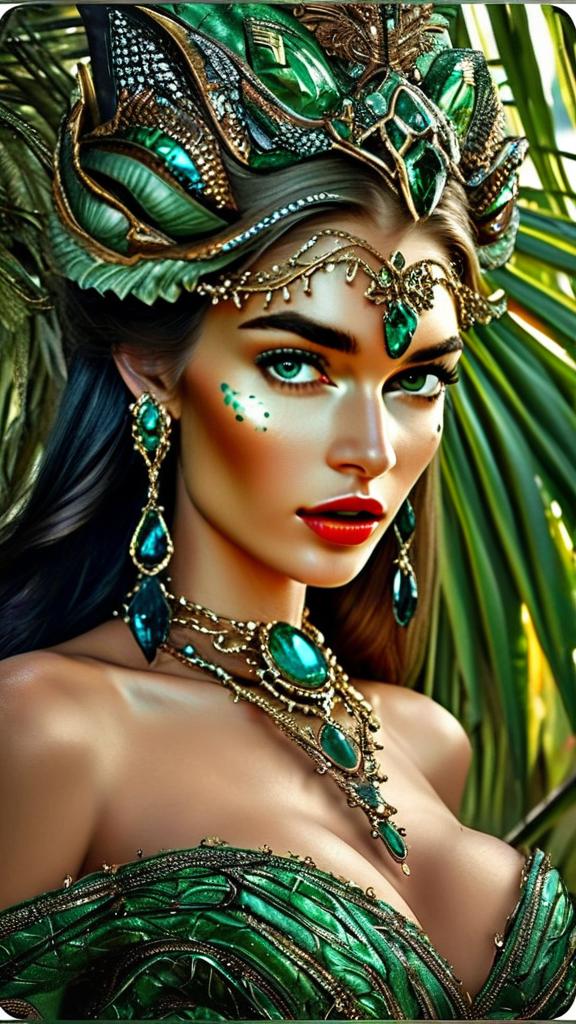 Regal Woman in Emerald Headdress Against Tropical Backdrop