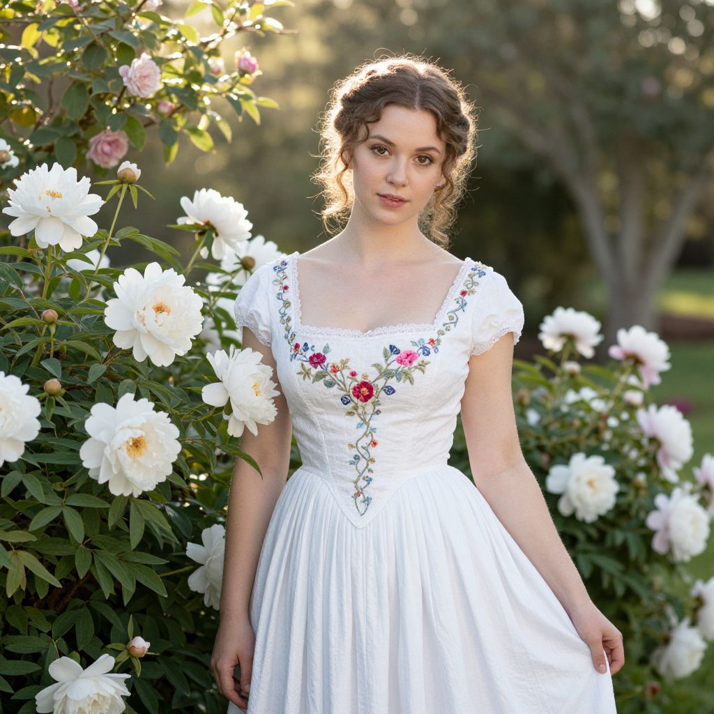 Vintage Floral Embroidered Dress Woman in Peony Garden