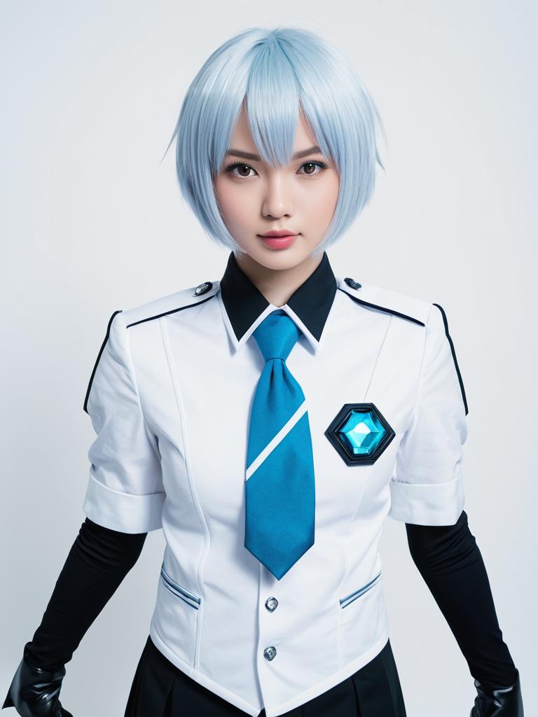 Futuristic Sci-Fi Anime Woman in Blue and White Uniform Cosplay
