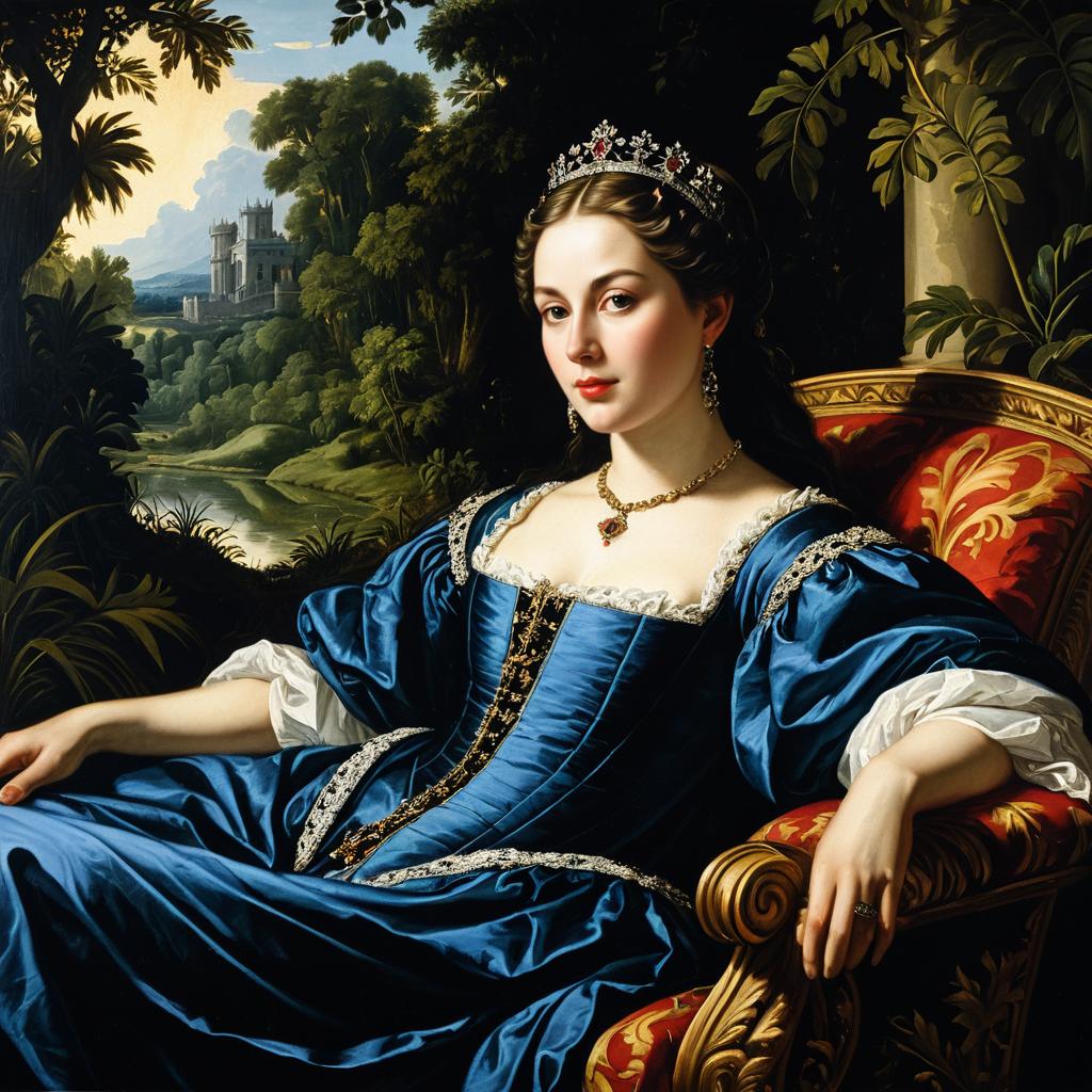 Regal Woman Reclining in Blue Renaissance Gown with Castle Landscape Background