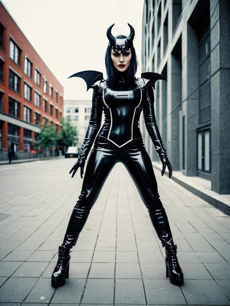Woman in Black Latex Devil Costume Full Body Urban Cosplay