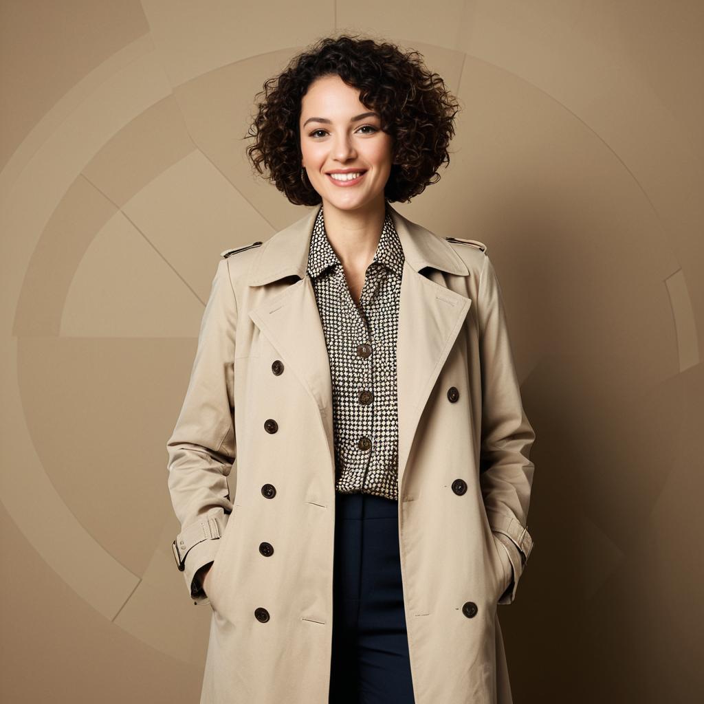 Smiling Woman in Beige Trench Coat with Curly Hair on Geometric Background