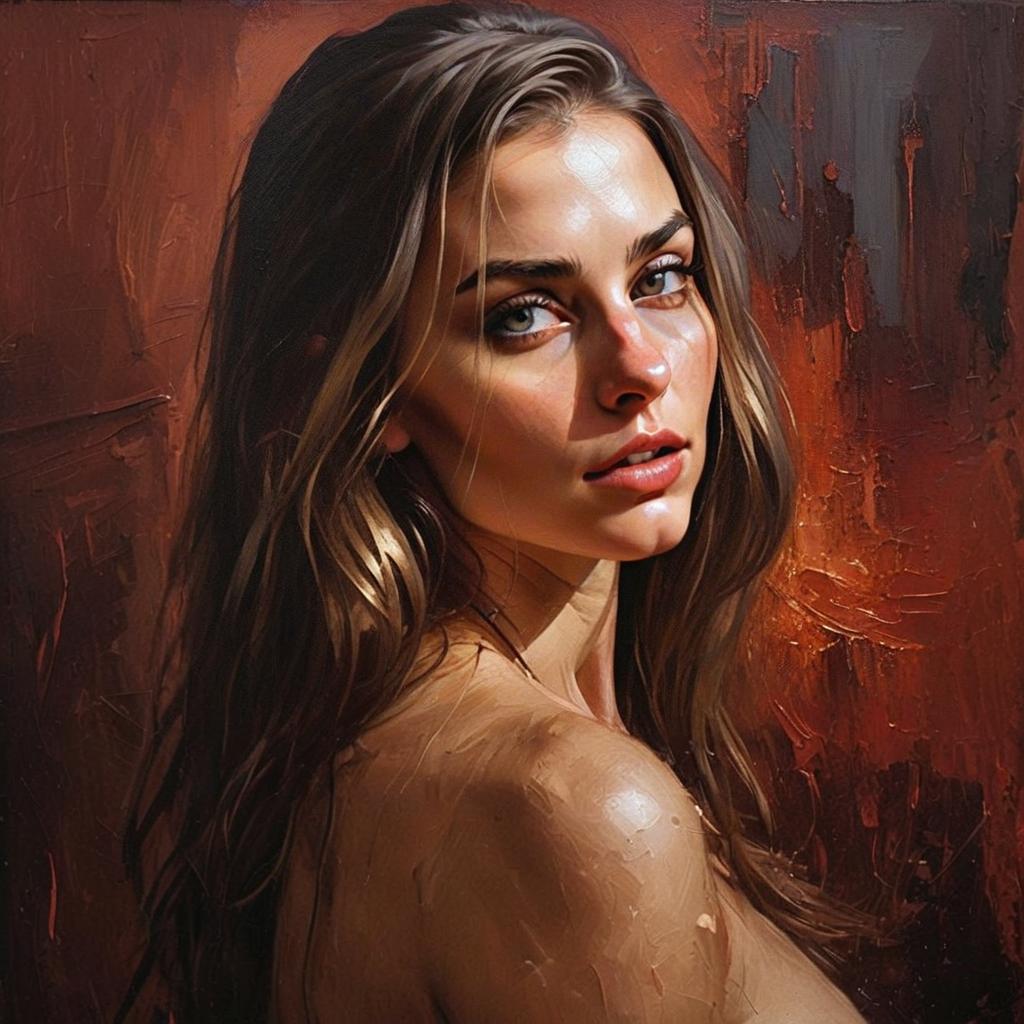 Realistic Oil Painting Portrait of Woman with Long Hair on Textured Background