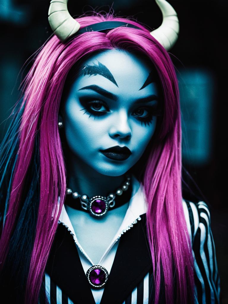 Woman in Monster High Costume with Vibrant Pink Hair and Horns Portrait