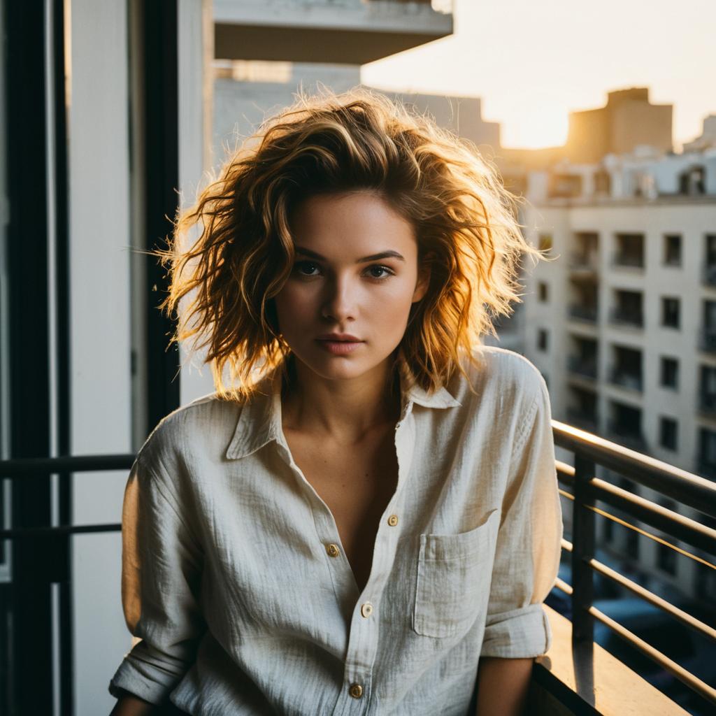 Natural Portrait of Woman with Curly Hair on Balcony at Sunset