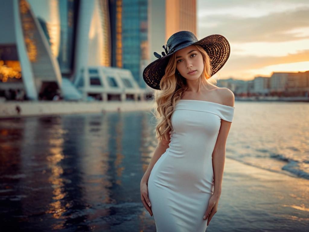 Elegant Woman in Off-Shoulder Dress at Sunset by Water