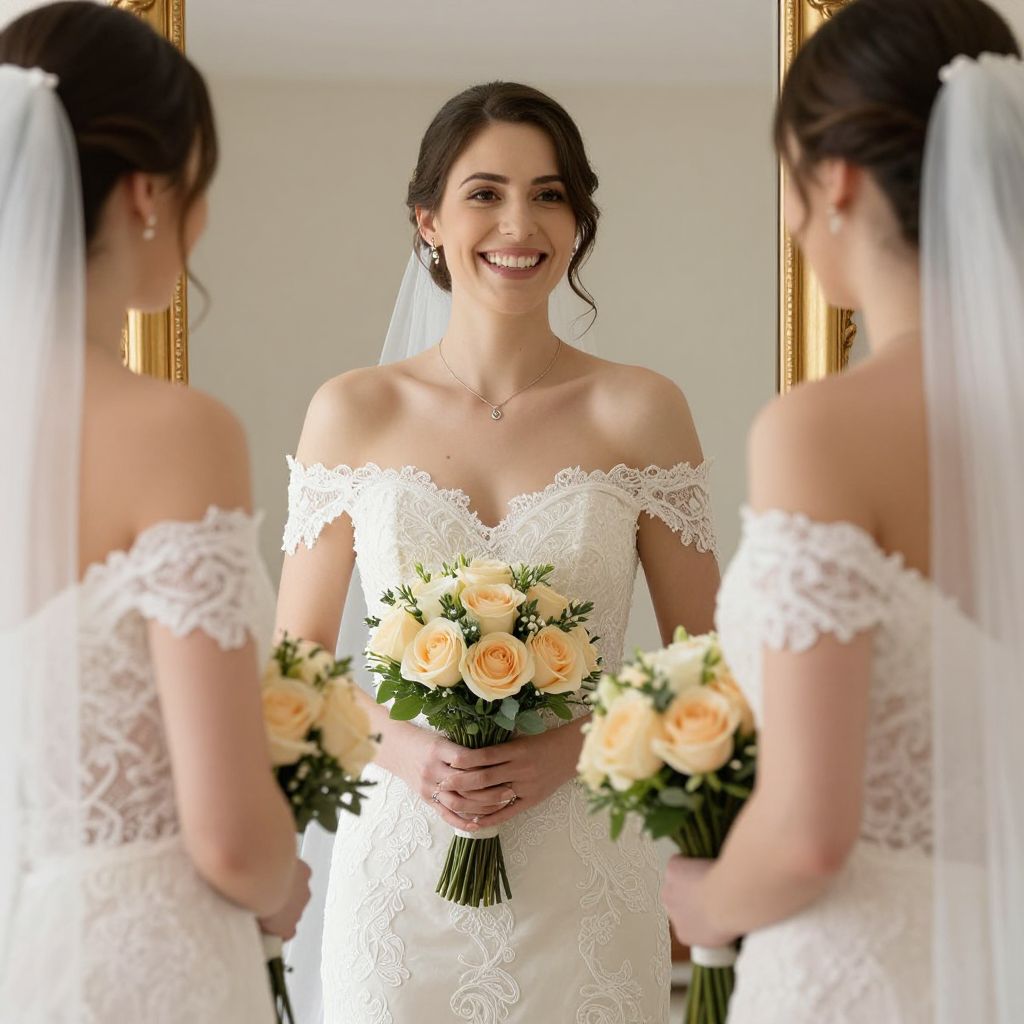 Smiling Bride in Lace Wedding Dress Holding Peach Rose Bouquet