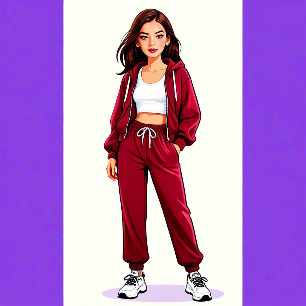 Sporty Casual Woman in Red Velvet Tracksuit Digital Illustration