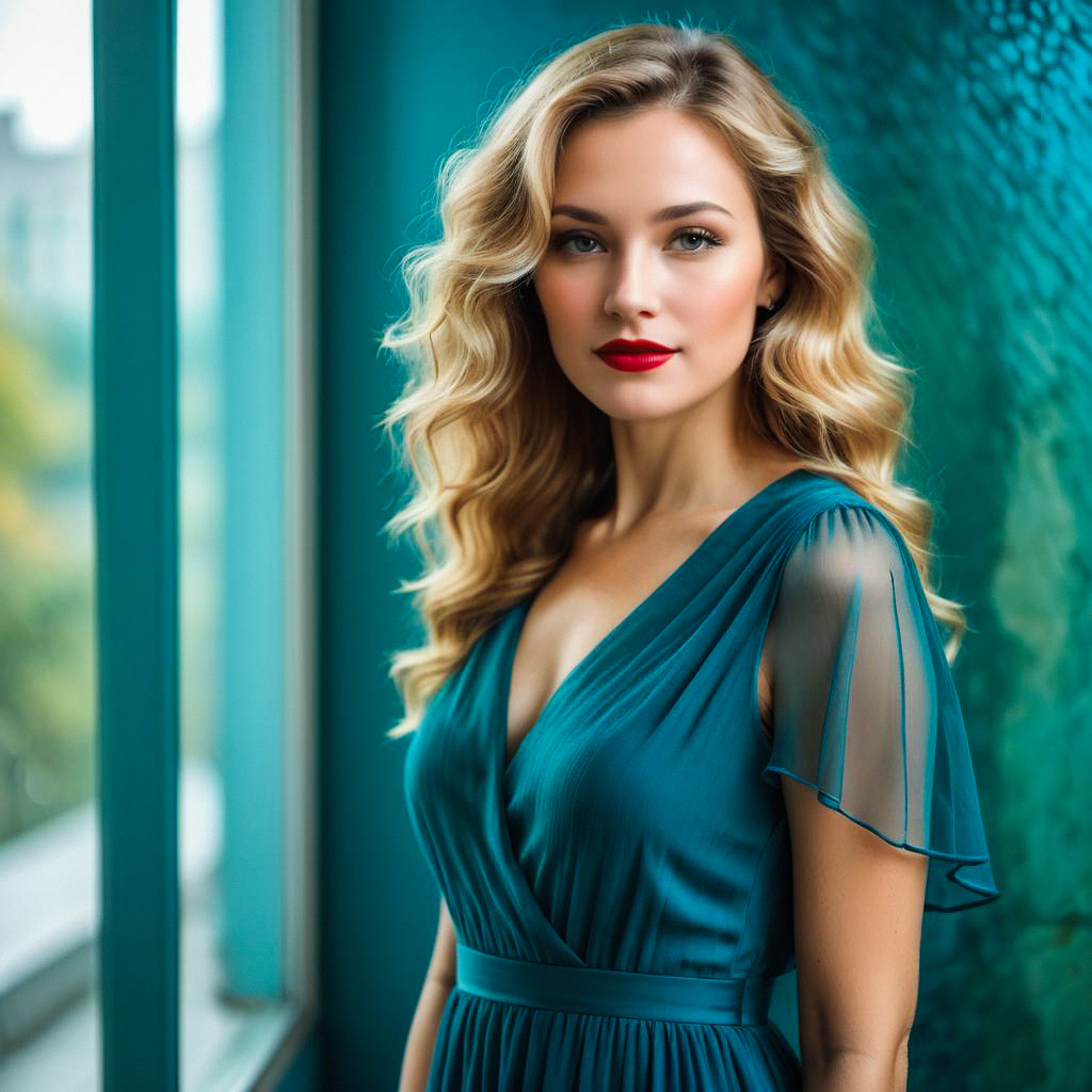 Confident Woman in Teal Dress by Window