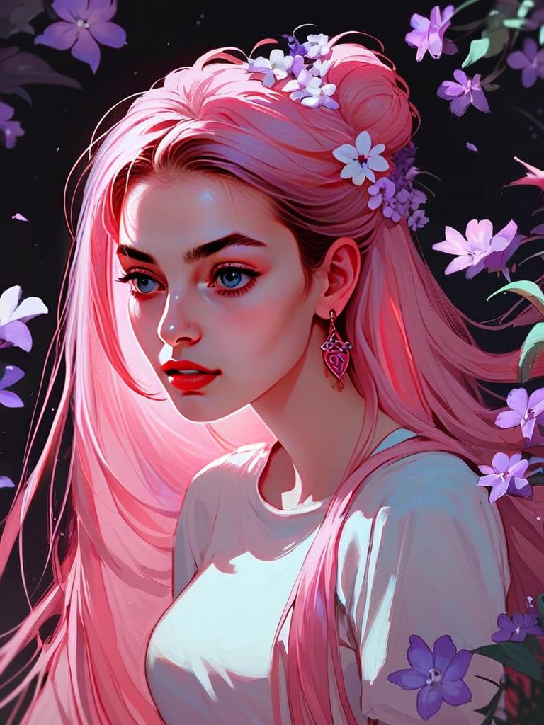 Woman with Long Pink Hair and Flowers